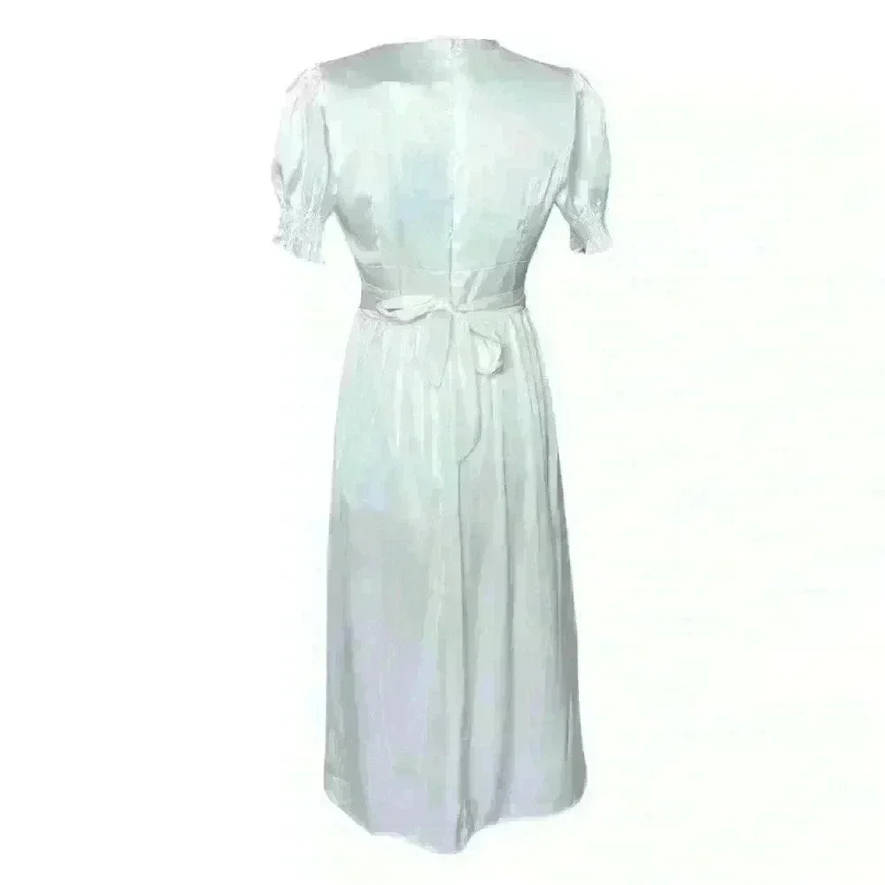 Satin Silky Soft Midi Dress Side Slit Puff Sleeve - Picture 3 of 4